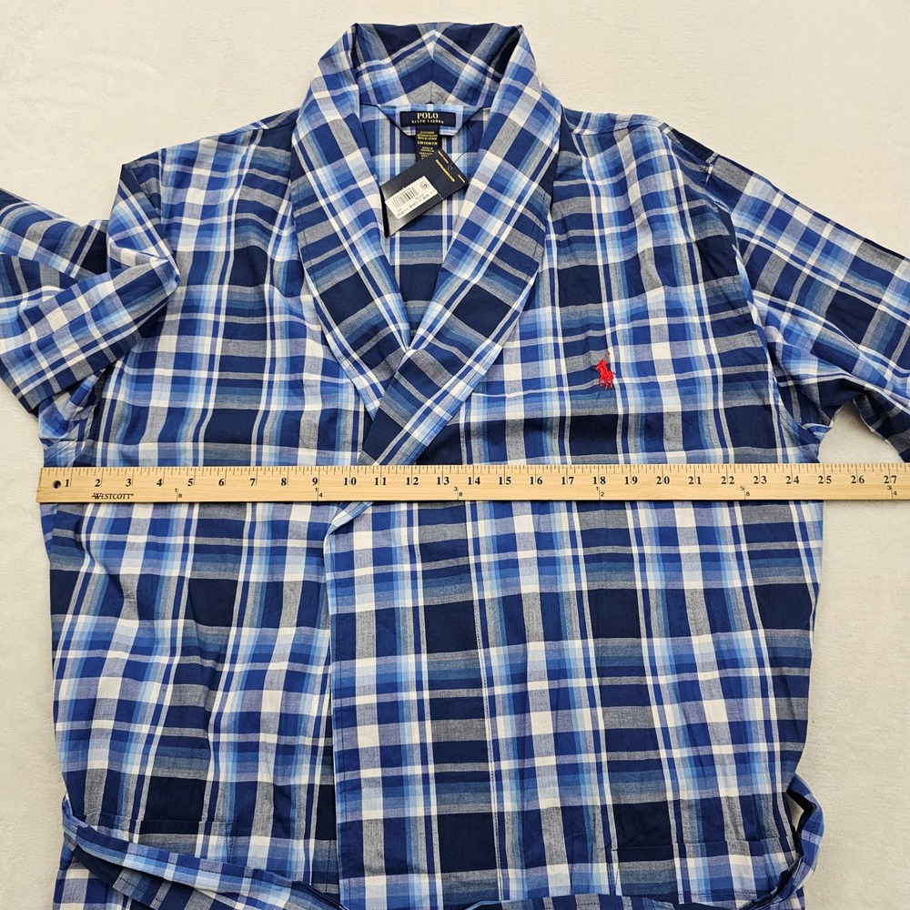 Polo Ralph Lauren Robe Mens S/M Blue White Plaid Cotton Shawl Collar Preppy NEW - Picture 3 of 8